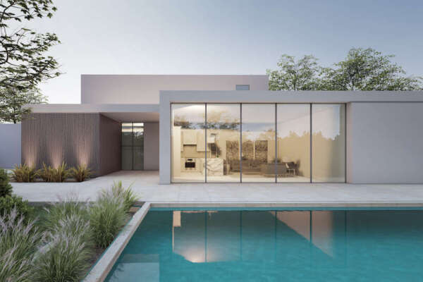 Architecture 3d rendering illustration of minimal modern house with swimming pool